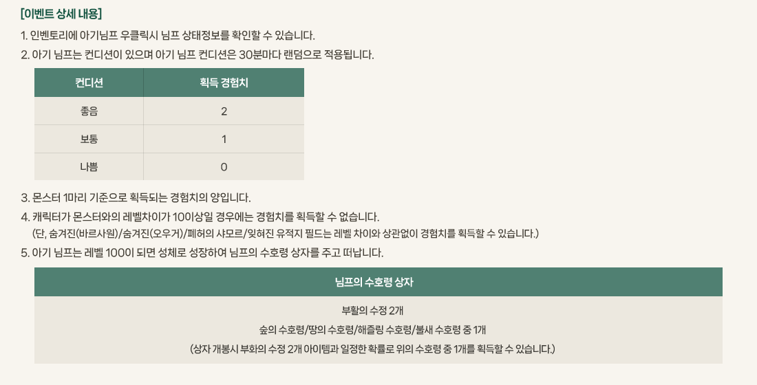 [�̺�Ʈ �� ����]
			1. �κ��丮�� �Ʊ���� ��Ŭ���� ���� ���������� Ȯ���� �� �ֽ��ϴ�. 
			2. �Ʊ� ������ ������� ������ �Ʊ� ���� ������� 30�и��� �������� ����˴ϴ�.
			3. ���� 1���� �������� ȹ��Ǵ� ����ġ�� ���Դϴ�.
			4. ĳ���Ͱ� ���Ϳ��� �������̰� 10�̻��� ��쿡�� ����ġ�� ȹ���� �� �����ϴ�.
				 (��, ������(�ٸ����)/������(�����)/������ ����/������ ������ �ʵ�� ���� ���̿� ������� ����ġ�� ȹ���� �� �ֽ��ϴ�.)
			5. �Ʊ� ������ ���� 100�� �Ǹ� ��ü�� �����Ͽ� ������ ��ȣ�� ���ڸ� �ְ� �����ϴ�.