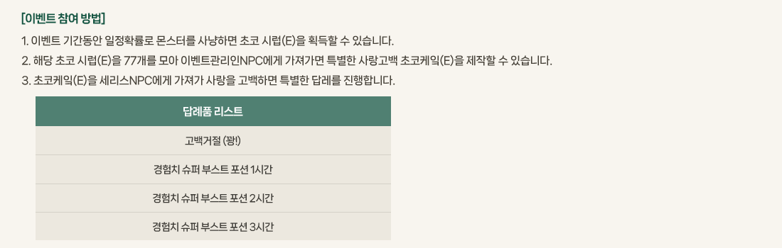 [�̺�Ʈ ���� ���]
			1. �̺�Ʈ �Ⱓ���� ����Ȯ���� ���͸� ����ϸ� ���� �÷�(E)�� ȹ���� �� �ֽ��ϴ�. 
			2. �ش� ���� �÷�(E)�� 77���� ��� �̺�Ʈ������NPC���� �������� Ư���� ������� �����ɟ�(E)�� ������ �� �ֽ��ϴ�. 
			3. �����ɟ�(E)�� ������NPC���� ������ ����� �����ϸ� Ư���� �䷹�� �����մϴ�. 