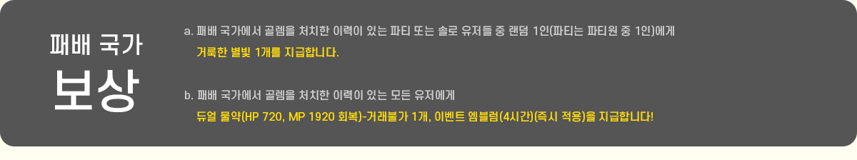 �й� ���� ���� 
			a. �й� �������� ���� óġ�� �̷��� �ִ� ��Ƽ �Ǵ� �ַ� ������ �� ���� 1��(��Ƽ�� ��Ƽ�� �� 1��)���� 
				���䳢�� ���� ���� 1���� �����մϴ�.
			
			b. �й� �������� ���� óġ�� �̷��� �ִ� ��� ��������
				��� ����(HP 720, MP 1920 ȸ��)-�ŷ��Ұ� 1��, �̺�Ʈ ������(4�ð�)(��� ����)�� �����մϴ�!