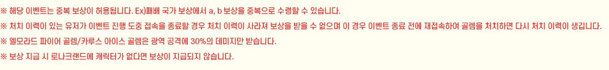 �� �ش� �̺�Ʈ�� �ߺ� ������ ���˴ϴ�. Ex)�й� ���� ���󿡼� a, b ������ �ߺ����� ������ �� �ֽ��ϴ�.
			�� óġ �̷��� �ִ� ������ �̺�Ʈ ���� ���� ������ ������ ��� óġ �̷��� ����� ������ ���� �� ������ �� ��� �̺�Ʈ ���� ���� �������Ͽ� ���� óġ�ϸ� �ٽ� óġ �̷��� ����ϴ�.
			�� ������ ���̾� ��/ī�罺 ���̽� ���� ���� ���ݿ� 30%�� �������� �޽��ϴ�.