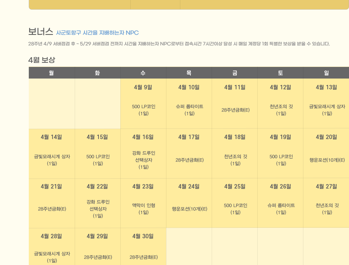 
                [ʽ]-籺ױ ð ϴ NPC
                28ֳ 4/9   ~ 5/29   ð ϴ NPCκ ӽð 7ð̻ ޼    1ȸ Ư    ֽϴ.
                    4 
                     ȭ       
                    4/9 500 LP(1) 4/10  ŸƮ(1) 4/11 28ֳȭ(E) 4/12 õ (1) 4/13ݺ𷡽ð (1)
                    4/14 ݺ𷡽ð (1) 4/15 500 LP(1) 4/16 ȭ  û(1) 4/17 28ֳȭ(E) 4/18 õ (1) 4/19 500 LP(1) 4/20 (10)(E)
                    4/21 28ֳȭ(E) 4/22 ȭ  û(1) 4/23 ׸ (1) 4/24 (10)(E) 4/25 500 LP(1) 4/26  ŸƮ(1) 4/27õ (1)
                    4/28 ݺ𷡽ð (1) 4/29 28ֳȭ(E) 4/30 (10)(E)