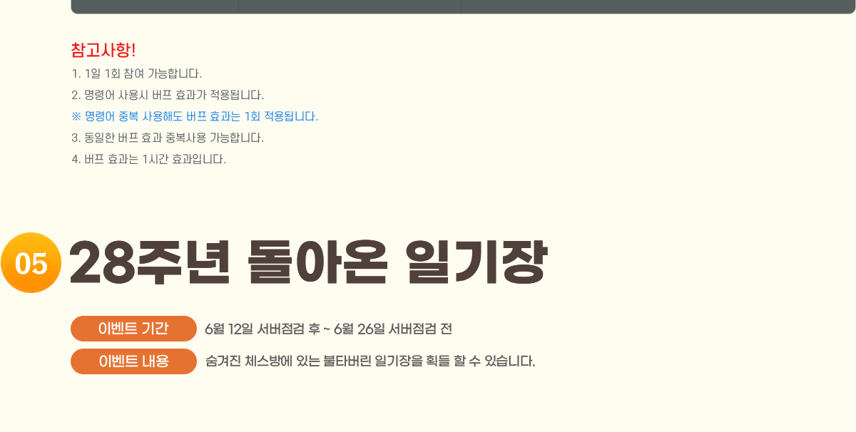 
                []
                    1. 1 1ȸ  մϴ.
                    2. ɾ   ȿ ˴ϴ.
                     ɾ ߺ ص  ȿ 1ȸ ˴ϴ.
                    3.   ȿ ߺ մϴ.
                    4.  ȿ 1ð ȿԴϴ.
                5. 28ֳ ƿ ϱ
                ̺Ʈ Ⱓ : 6/12   ~ 6/26  
                ̺Ʈ  :  ü濡 ִ Ÿ ϱ ȹ   ֽϴ.