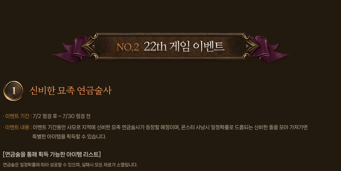 NO.2 22TH 게임 이벤트
                1. 신비한 묘족 연금술사
                    이벤트 기간 : 7/2 점검 후 ~ 7/30 점검 전
                    이벤트 내용 : 이벤트 기간동안 샤모르 지역에 신비한 묘족 연금술사가 등장할 예정이며, 몬스터 사냥시 일정확률로 드롭되는 신비한 돌을 모아 가져가면 특별한 아이템을 획득할 수 있습니다.
                    [연금술을 통해 획득 가능한 아이템 리스트]
                        연금술은 일정확률에 따라 성공할 수 있으며, 실패시 모든 재료가 소멸됩니다
