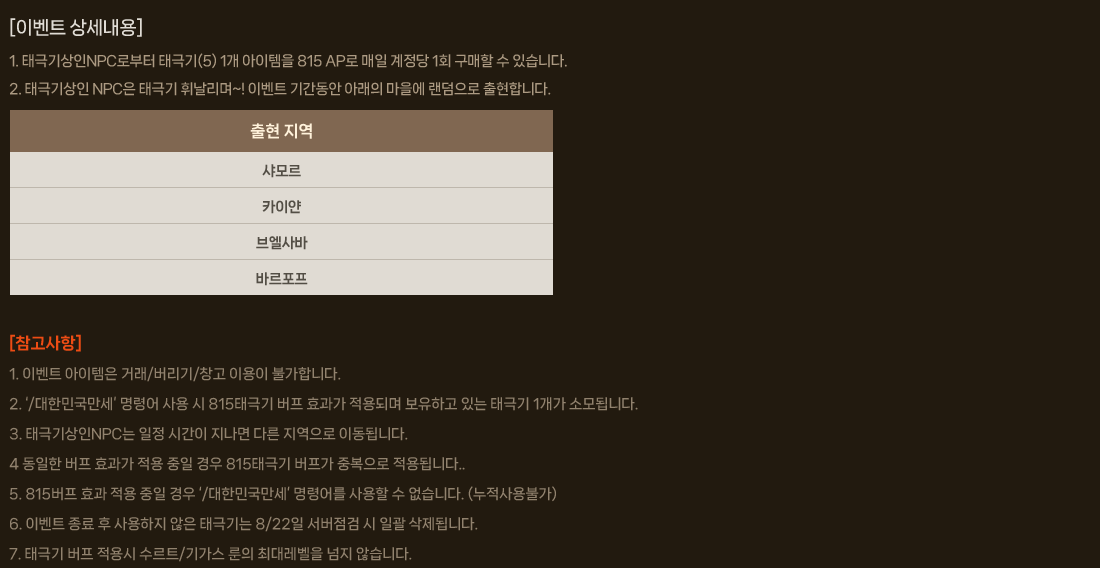 
                    [이벤트 상세내용]
                        1. 태극기상인NPC로부터 태극기(5) 1개 아이템을 815 AP로 매일 계정당 1회 구매할 수 있습니다.
                        2. 태극기상인 NPC은 태극기 휘날리며~! 이벤트 기간동안 아래의 마을에 랜덤으로 출현합니다.
                        출현 지역 - 샤모르, 카이얀, 브엘사바, 바르포프
                    [참고사항]
                        1. 이벤트 아이템은 거래/버리기/창고 이용이 불가합니다.
                        2. ‘/대한민국만세’ 명령어 사용 시 815태극기 버프 효과가 적용되며 보유하고 있는 태극기 1개가 소모됩니다.
                        3. 태극기상인NPC는 일정 시간이 지나면 다른 지역으로 이동됩니다.
                        4 동일한 버프 효과가 적용 중일 경우 815태극기 버프가 중복으로 적용됩니다..
                        5. 815버프 효과 적용 중일 경우 ‘/대한민국만세’ 명령어를 사용할 수 없습니다. (누적사용불가)
                        6. 이벤트 종료 후 사용하지 않은 태극기는 8/22일 서버점검 시 일괄 삭제됩니다.
                        7. 태극기 버프 적용시 수르트/기가스 룬의 최대레벨을 넘지 않습니다.