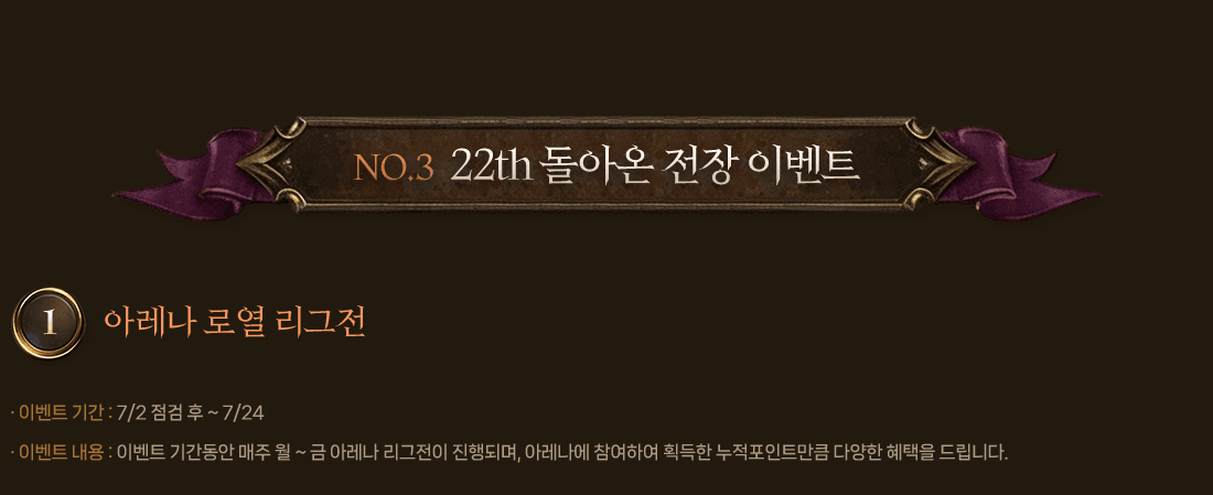 NO.3 22TH 돌아온 전장 이벤트
                1. 아레나 로열 리그전
                    이벤트 기간 : 7/2 점검 후 ~ 7/24
                    이벤트 내용 : 이벤트 기간동안 매주 월 ~ 금 아레나 리그전이 진행되며, 아레나에 참여하여 획득한 누적포인트만큼 다양한 혜택을 드립니다.
