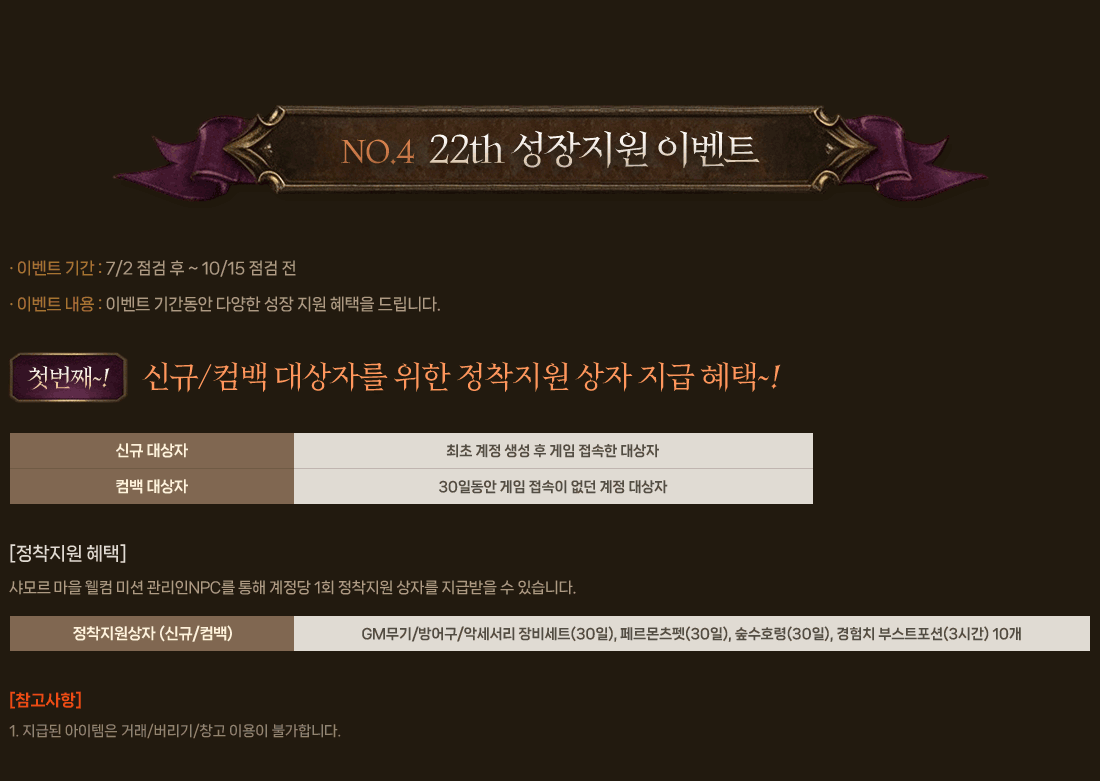 NO.4 22TH 성장지원 이벤트
                이벤트 기간 : 7/2 점검 후 ~ 10/15 점검 전
                이벤트 내용 : 이벤트 기간동안 다양한 성장 지원 혜택을 드립니다.
                첫번째~! 신규/컴백 대상자를 위한 정착지원 상자 지급 혜택~!
                    신규 대상자 최초 계정 생성 후 게임 접속한 대상자
                    컴백 대상자 30일동안 게임 접속이 없던 계정 대상자
                    [정착지원 혜택]
                        샤모르 마을 웰컴 미션 관리인NPC를 통해 계정당 1회 정착지원 상자를 지급받을 수 있습니다.
                    정착지원상자(신규/컴백) GM무기/방어구/악세서리 장비세트(30일), 페르몬츠펫(30일), 숲수호령(30일), 경험치 부스트포션(3시간) 10개
                    [참고사항]
                        1. 지급된 아이템은 거래/버리기/창고 이용이 불가합니다.