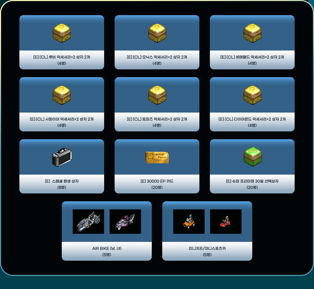 [E] [CL] ��� �Ǽ�����+2 ���� 2��(4��), [E] [CL] ���н� �Ǽ�����+2 ���� 2��(4��), [E] [CL] ���޶��� �Ǽ�����+2 ���� 2��(4��), [E] [CL] �����̾� �Ǽ�����+2 ���� 2��(4��), [E] [CL] ������ �Ǽ�����+2 ���� 2��(4��), [E] [CL] ���̾Ƹ�� �Ǽ�����+2 ���� 2��(4��), [E]  ����� ȯ�� ����(8��), [E] 30000 EP ī��(20��), [E] ���� �����̾� 30�� ���û���(20��), Air Bike (��, ��)(5��), �̴�����/�̴Ͻ�����ī(5��)