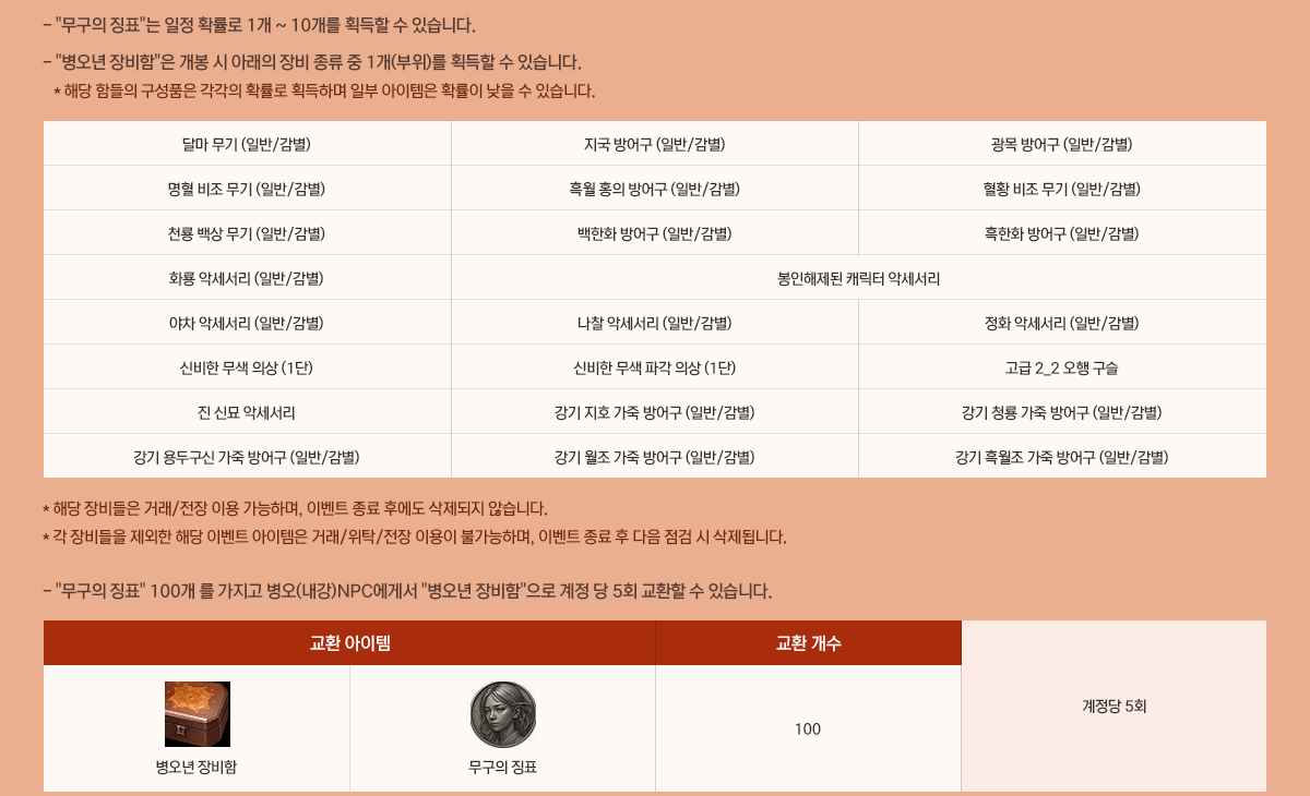 - '������ ¡ǥ'�� ���� Ȯ���� 1�� ~ 10���� ȹ���� �� �ֽ��ϴ�.
            - '������ �����'�� ���� �� �Ʒ��� ��� ���� �� 1��(����)�� ȹ���� �� �ֽ��ϴ�.
            * �ش� �Ե��� ����ǰ�� ������ Ȯ���� ȹ���ϸ� �Ϻ� �������� Ȯ���� ���� �� �ֽ��ϴ�.
            �޸� ����(�Ϲ�/����) ���� ��(�Ϲ�/����) ���� ��(�Ϲ�/����)
            ���� ���� ����(�Ϲ�/����) ��� ȫ�� ��(�Ϲ�/����) ��Ȳ ���� ����(�Ϲ�/����)
            õ�� ��� ����(�Ϲ�/����) ����ȭ ��(�Ϲ�/����) ����ȭ ��(�Ϲ�/����)
            ȭ�� �Ǽ�����(�Ϲ�/����) ���������� ĳ���� �Ǽ�����(�Ϲ�/����)
            ���� �Ǽ�����(�Ϲ�/����) ���� �Ǽ�����(�Ϲ�/����) ��ȭ �Ǽ�����(�Ϲ�/����)
            �ź��� ���� �ǻ�(1��) �ź��� ���� �İ� �ǻ�(1��) ���� 2_2 ���� ����
            �� �Ź� �Ǽ����� ���� ��ȣ ���� ��(�Ϲ�/����) ���� û�� ���� ��(�Ϲ�/����)
            ���� ��α��� ���� ��(�Ϲ�/����) ���� ���� ���� ��(�Ϲ�/����) ���� ����� ���� ��(�Ϲ�/����)
            * �ش� ������ �ŷ�/���� �̿� �����ϸ�, �̺�Ʈ ���� �Ŀ��� �������� �ʽ��ϴ�.
            * �� ������ ������ �ش� �̺�Ʈ �������� �ŷ�/��Ź/���� �̿��� �Ұ����ϸ�, �̺�Ʈ ���� �� ���� ���� �� �����˴ϴ�.
            - '������ ¡ǥ' 100�� �� ������ ����(����)NPC���Լ� '������ �����'���� ���� �� 5ȸ ��ȯ�� �� �ֽ��ϴ�.