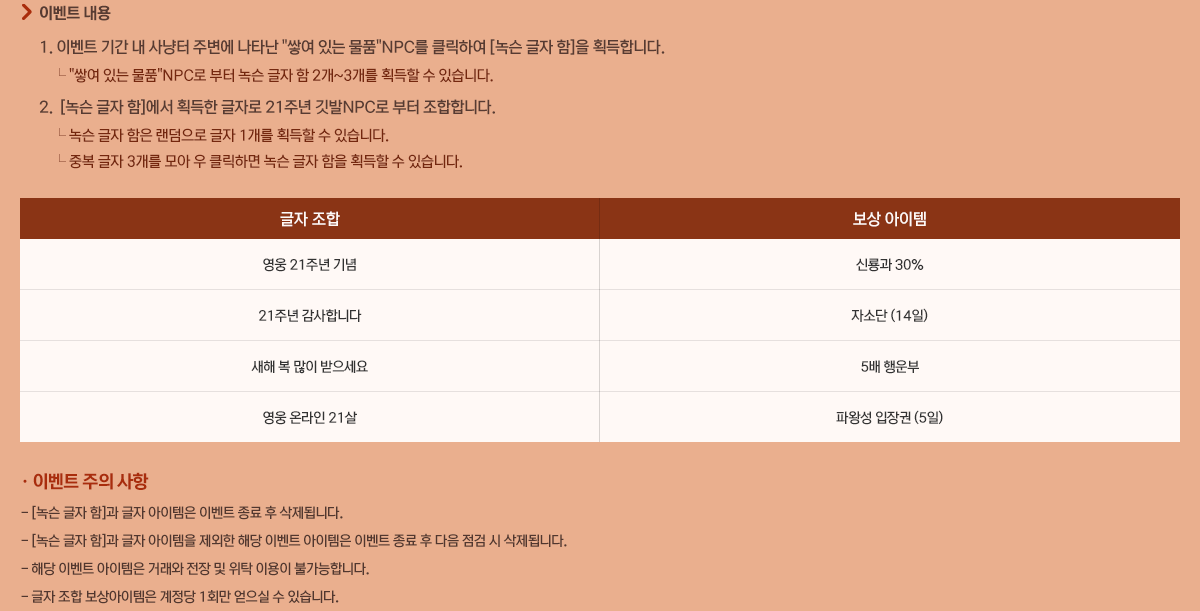 - �̺�Ʈ����
            1. �̺�Ʈ �Ⱓ �� ����� �ֺ��� ��Ÿ�� '�׿� �ִ� ��ǰ'NPC�� Ŭ���Ͽ� [�콼 ���� ��]�� ȹ���մϴ�.
            �� '�׿� �ִ� ��ǰ'NPC�� ���� �콼 ���� �� 2��~3���� ȹ���� �� �ֽ��ϴ�.
            2. [�콼 ���� ��]���� ȹ���� ���ڷ� 21�ֳ� ���NPC�� ���� �����մϴ�.
            �� �콼 ���� ���� �������� ���� 1���� ȹ���� �� �ֽ��ϴ�.
            �� �ߺ� ���� 3���� ��� �� Ŭ���ϸ� �콼 ���� ���� ȹ���� �� �ֽ��ϴ�.
            ���� ���� ���� ������
            ���� 21�ֳ� ��� �ŷ�� 30%
            21�ֳ� �����մϴ� �ڼҴ�(14��)
            ���� �� ���� �������� 5�� ����
            ���� �¶��� 21�� �Ŀռ� �����(5��)
            * �̺�Ʈ ���� ����
            �� [�콼 ���� ��]�� ���� �������� �̺�Ʈ ���� �� �����˴ϴ�.
            �� [�콼 ���� ��]�� ���� �������� ������ �ش� �̺�Ʈ �������� �̺�Ʈ ���� �� ���� ���� �� �����˴ϴ�.
            �� �ش� �̺�Ʈ �������� �ŷ��� ���� �� ��Ź �̿��� �Ұ����մϴ�.
			�� ���� ���� ����������� ������ 1ȸ�� ������ �� �ֽ��ϴ�.